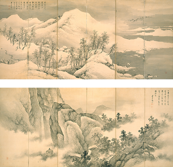 KOMURO Suiun, Screen with Summer and Winter Mountain 1923, Ink, color on silk, Pair of six-panel folding screens