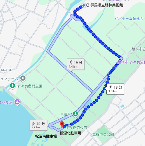 多々良沼公園駐車場からの徒歩地図