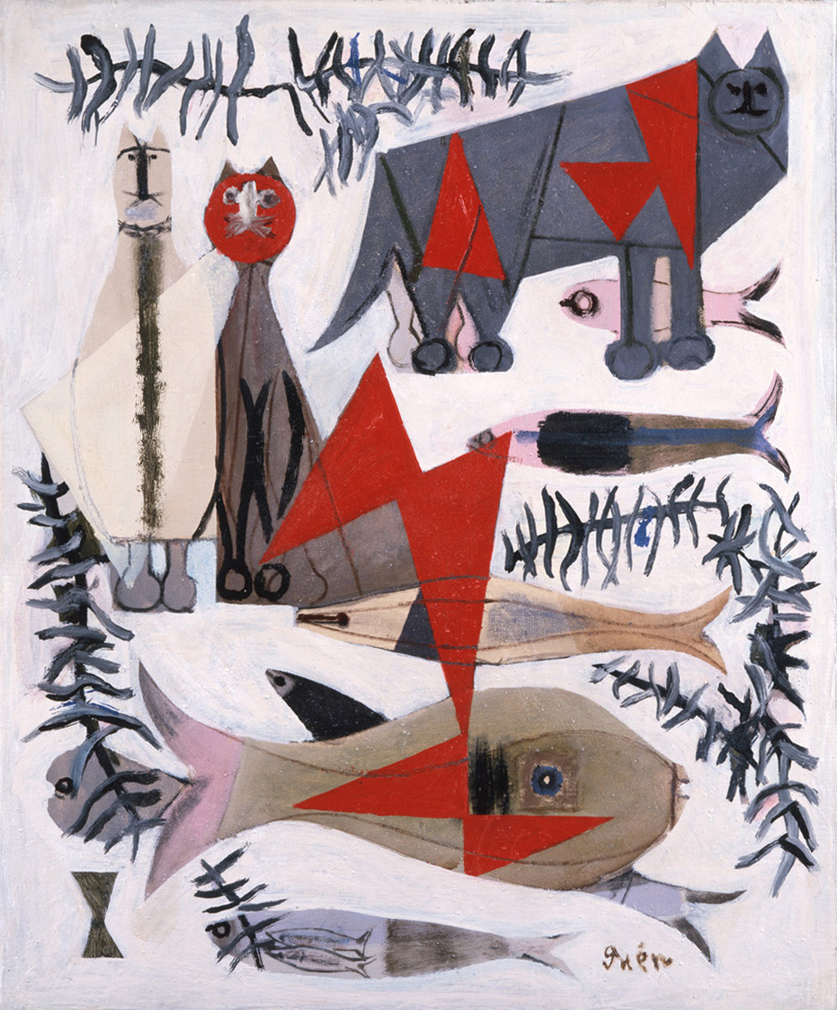 猪熊弦一郎 《猫と魚》 1953-1954年 油彩・カンヴァス 群馬県立館林美術館蔵 ©The MIMOCA Foundation